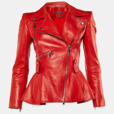 Pre-owned Alexander Mcqueen Red Leather Zip Up Peplum Jacket S