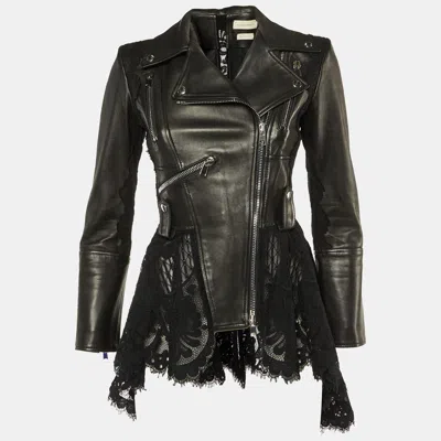 Pre-owned Alexander Mcqueen Black Leather & Lace Peplum Jacket S