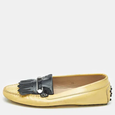 Pre-owned Tod's Yellow/black Patent Leather Pin Fringe Loafers Size 38