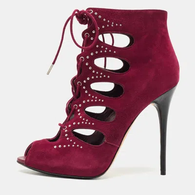 Pre-owned Alexander Mcqueen Burgundy Cut Out Suede Studded Ankle Booties Size 38