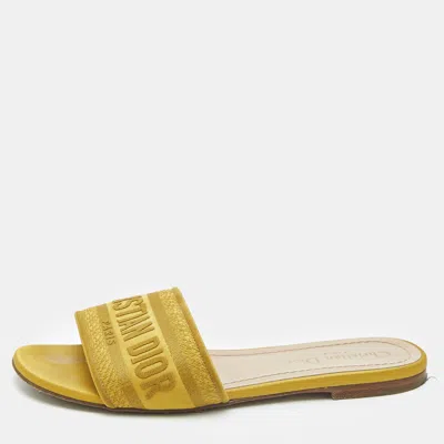 Pre-owned Dior Yellow Embroidered Canvas Dway Flat Slides Size 37
