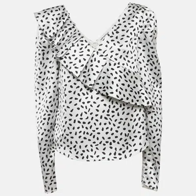 Pre-owned Self-portrait Monochrome Printed Satin Ruffled Blouse M