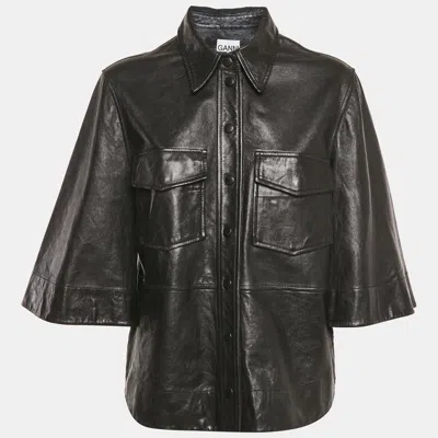 Pre-owned Ganni Black Leather Button Front Wide Sleeve Shirt Jacket L