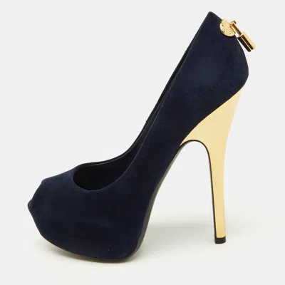 Pre-owned Louis Vuitton Navy Blue Suede Oh Really! Platform Peep Toe Pumps Size 36