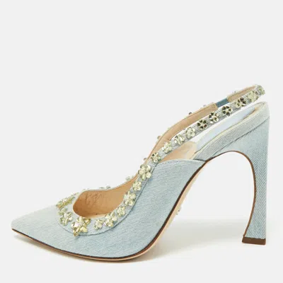 Pre-owned Dior Blue Canvas Crystal Embellished Slingback Pumps Size 38.5