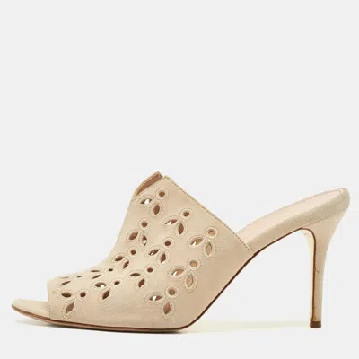 Pre-owned Oscar De La Renta Beige Suede Floral Cut Out Sandals Size 40