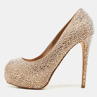 Pre-owned Le Silla Metallic Beige Satin Crystal Embellished Peep Toe Platform Pumps Size 37