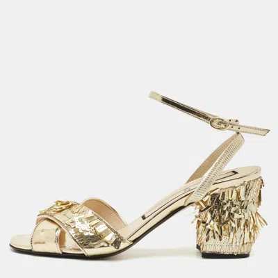 Pre-owned N°21 Gold Leather Sequinned Block Heel Ankle Strap Sandals Size 39