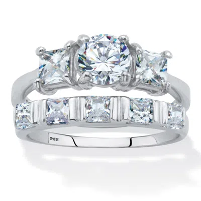 Palm Beach Jewelry 2.52 Cttw. Round And Princess Cut Cz Platinum Over Silver Bridal Ring Set