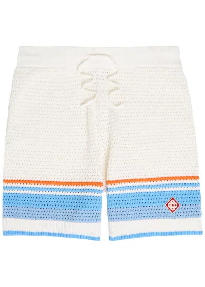 Casablanca Mens Blue Multi Striped Logo Cotton-crochet Shorts