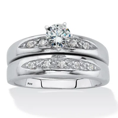 Palm Beach Jewelry .64 Cttw. Round Cubic Zirconia Platinum-plated Silver 2 Piece Bridal Ring Set