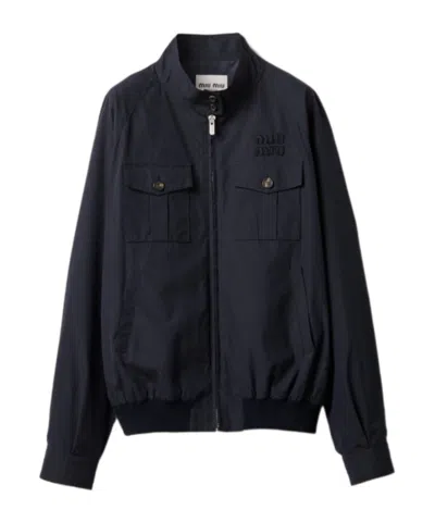 Miu Miu Panama Cotton Blouson Jacket With Pockets In Blue