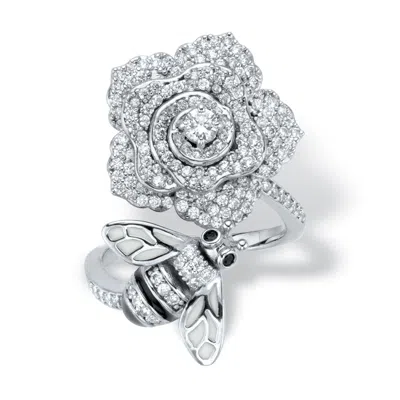 Palm Beach Jewelry 1.27 Cttw. Round Black And White Cz Platinum-plated Flower And Bee Cocktail Ring