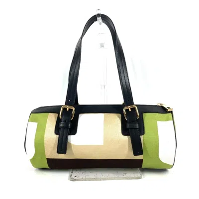 Pre-owned Bally Brown Green Leather Canvas Handbag Shoulder Bag ()