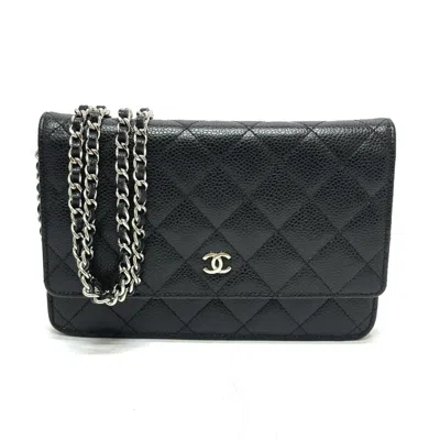 Pre-owned Chanel Black Grained Calfskin Chain/shoulder Wallet ()