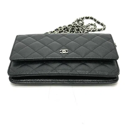 Pre-owned Chanel Black Grained Calfskin Chain/shoulder Wallet ()