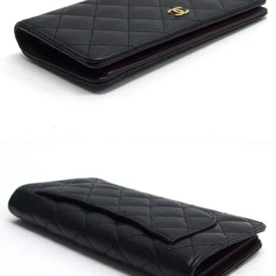 Pre-owned Chanel Black Grained Calfskin Long Wallet (bi-fold) ()