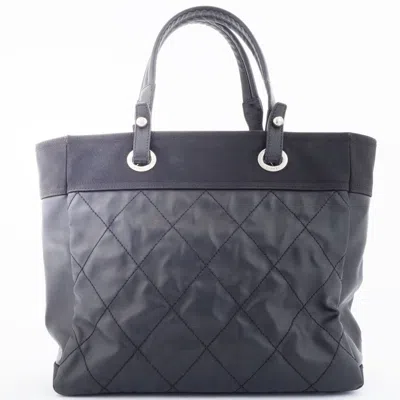 Pre-owned Chanel Paris Biarritz Black Coated Canvas Leather Tote Bag ()