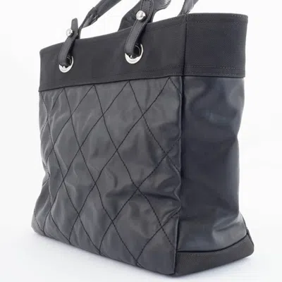 Pre-owned Chanel Paris Biarritz Black Coated Canvas Leather Tote Bag ()