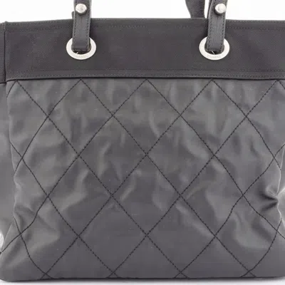 Pre-owned Chanel Paris Biarritz Black Coated Canvas Leather Tote Bag ()