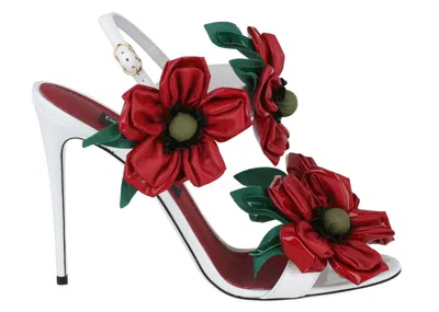 Pre-owned Dolce & Gabbana Patent Leather Floral Embellishment Sandals (women's) Sneakers In White/red