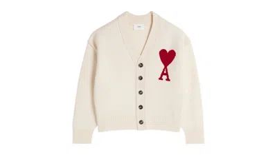 Pre-owned Ami Alexandre Mattiussi Men's Ami Paris De Coeur Cardigan Sweater In Off White/red In Multi