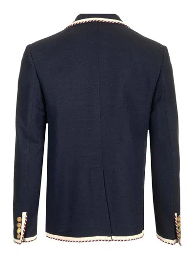 Valentino Single-breasted Jersey Cotton Jacket With Torchon Piping In Blue