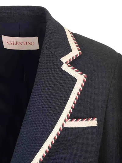 Valentino Single-breasted Jersey Cotton Jacket With Torchon Piping In Blue