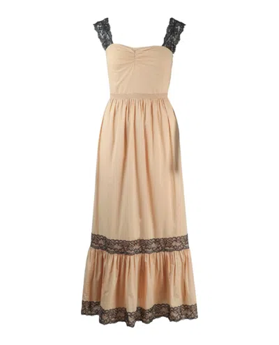 Pre-owned Gucci Women's  Sleeveless Lace Trimmed Maxi Dress In Beige Black In Multi
