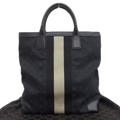 Pre-owned Gucci Black Navy Canvas Leather Handbag Tote Bag ()