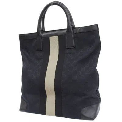 Pre-owned Gucci Black Navy Canvas Leather Handbag Tote Bag ()