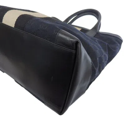 Pre-owned Gucci Black Navy Canvas Leather Handbag Tote Bag ()