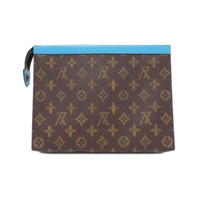 Pre-owned Louis Vuitton Bleu Celeste Brown Marron Coated Canvas Clutch Bag Pochette ()