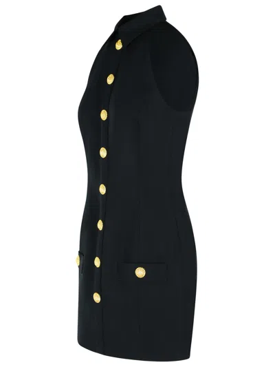 Balmain Black Dress With Pointed Collar And Logo Buttons On The Front