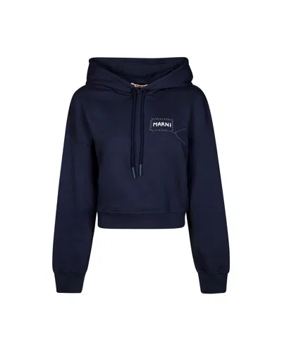 Marni Cropped Hoodie In Deep Navy With Distinctive Patch