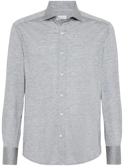 Brunello Cucinelli Stretch-cotton Chevron Slim-fit Shirt In Blue