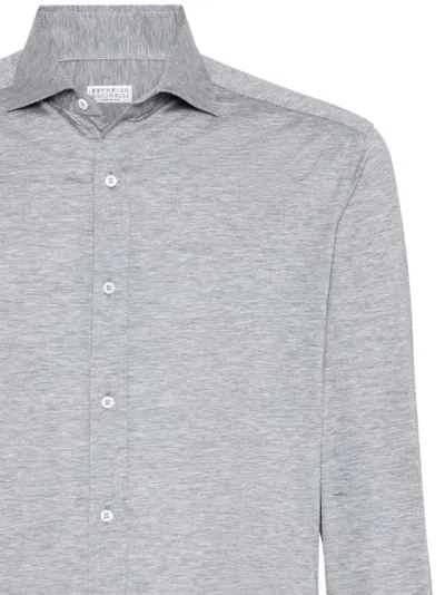 Brunello Cucinelli Stretch-cotton Chevron Slim-fit Shirt In Blue