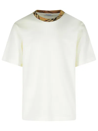 Burberry White Crewneck T-shirt With Check Motif On The Collar In Cotton Man