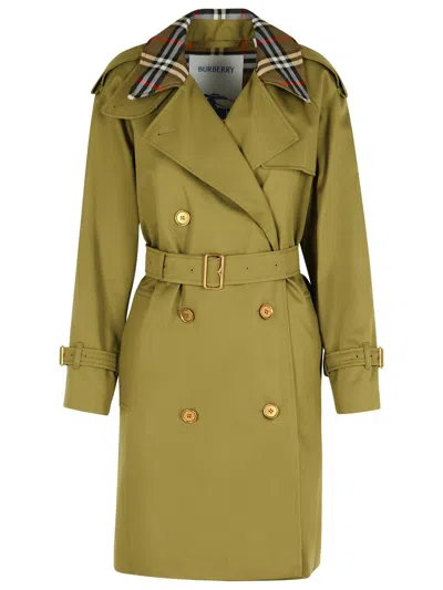 Burberry Short Green Cotton  Trench Coat In Green