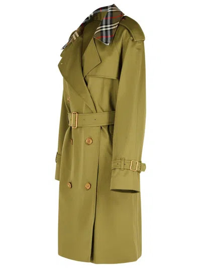 Burberry Short Green Cotton  Trench Coat In Green
