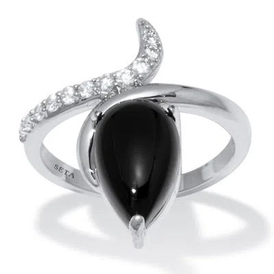 Palm Beach Jewelry Teardrop Genuine Onyx And Cubic Zirconia Silvertone Ring