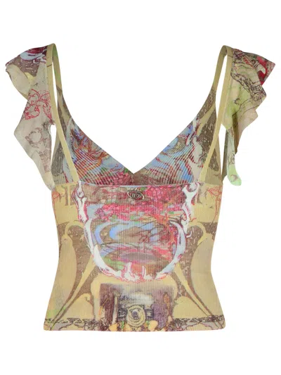 Diesel Ruffle-shoulder Knit Top With Medieval Print In Multi