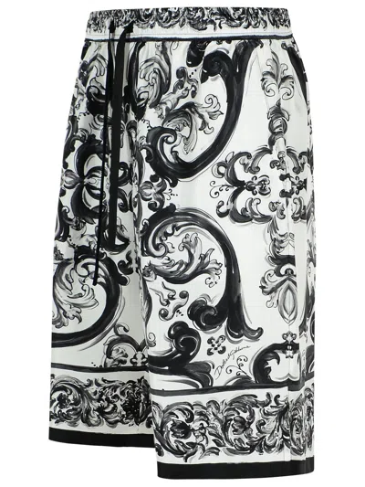 Dolce & Gabbana Maiolica Black And White Shorts With Elastic Drawstring Closure And All-over Print In Silk Man In Black