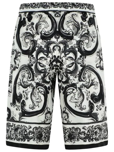 Dolce & Gabbana Maiolica Black And White Shorts With Elastic Drawstring Closure And All-over Print In Silk Man In Black