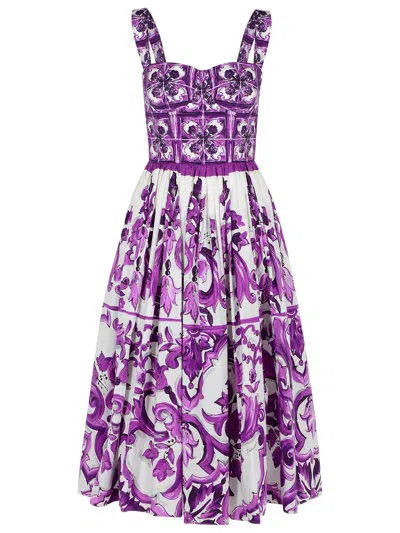 Dolce & Gabbana Dress With Purple Majolica Print In Cotton Poplin In Purple