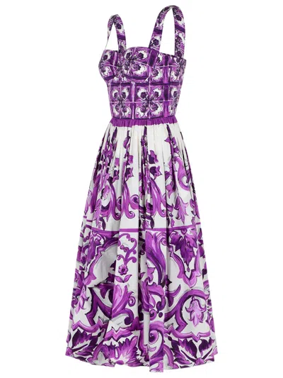 Dolce & Gabbana Dress With Purple Majolica Print In Cotton Poplin In Purple