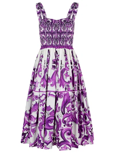 Dolce & Gabbana Dress With Purple Majolica Print In Cotton Poplin In Purple
