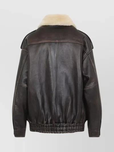 Miu Miu Leather Jacket With Shearling Collar In Brown