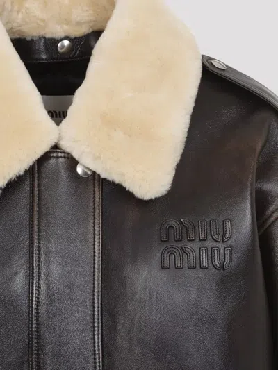 Miu Miu Leather Jacket With Shearling Collar In Brown