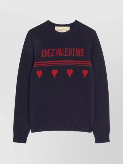 Valentino Wool Sweater Heart Motif In Blue